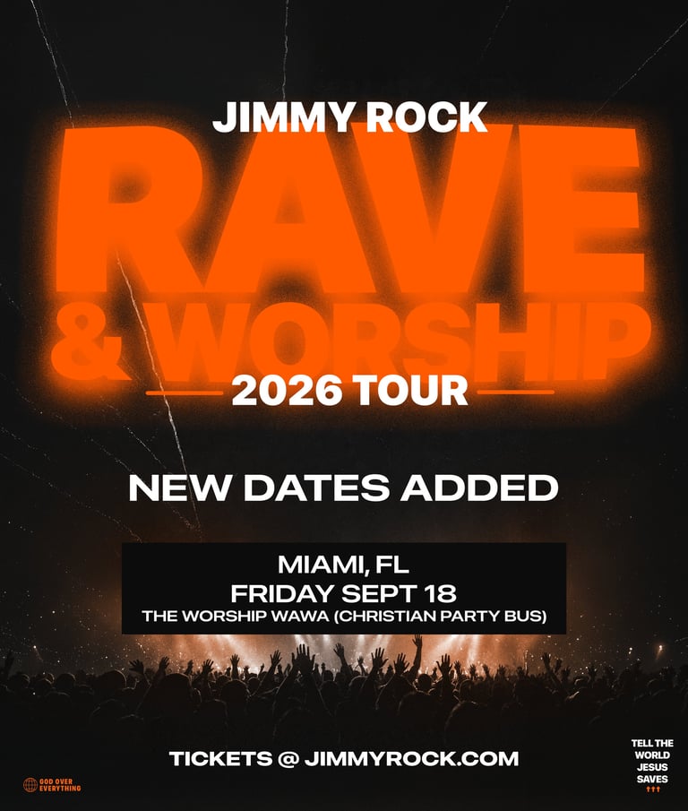 Jimmy Rock Rave 2026 Tour promotional poster with orange neon text announcing new Miami date September 18