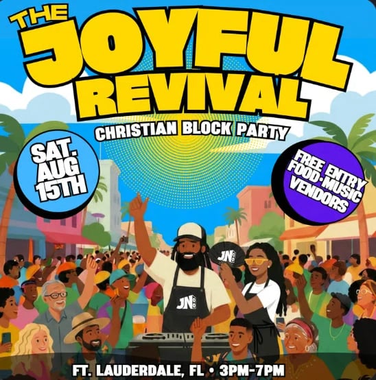 Colorful poster for The Joyful Revival Christian block party